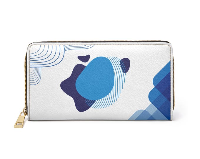 Abstract Blue Shapes Zipper Wallet | White Modern Geometric Pattern