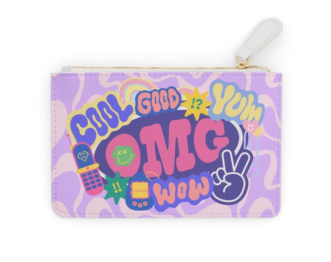 OMG Sticker Collage Mini Clutch Wallet | Retro Y2K Icons, Purple Pastel