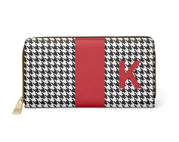 Houndstooth Zippered Wallet – Black and White with Red Initial K | Personalized Women's Faux Leather | Stylish & Functional Gift for Her