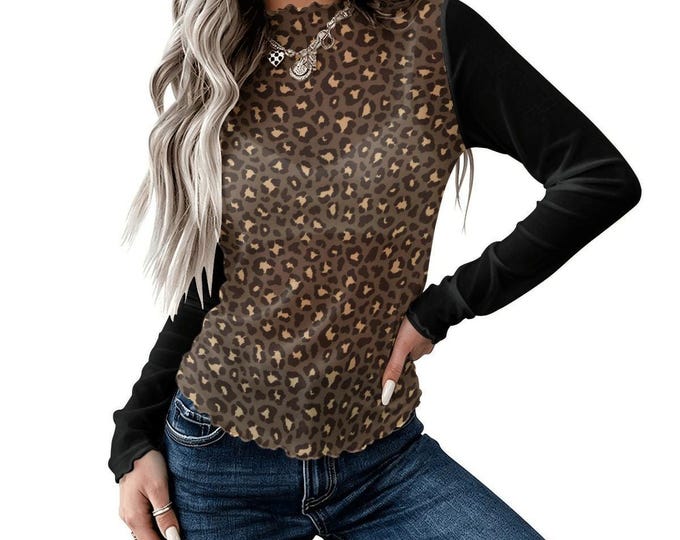 Leopard Pattern Brown Black High Neck Mesh Long Sleeve Top