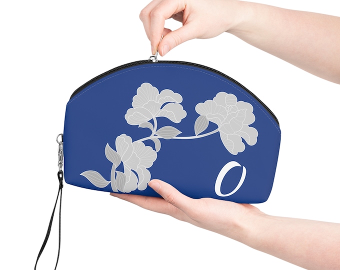 White and Blue Womens Floral Makeup Bag, Personalized with your Initial, Zippered Cosmetic Bag, Initial O