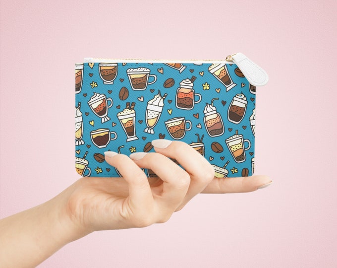 Teal Coffee Lovers Mini Clutch Bag | Vegan Leather Zippered Wallet | Personalized Gift for Her | Chic Travel Card Holder
