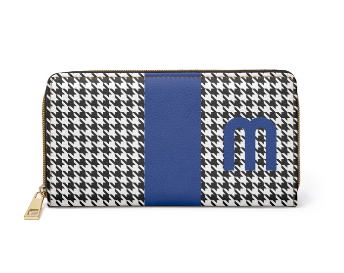 Houndstooth Black and White with Blue M Initialized Detail Womens Zippered Wallet