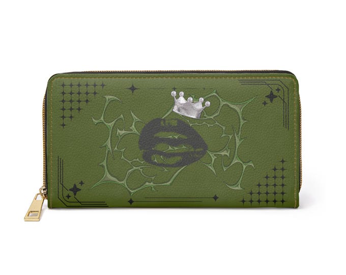 Crowned Lips Art Zipper Wallet | Warrior Olive Green Gothic Thorns Pattern