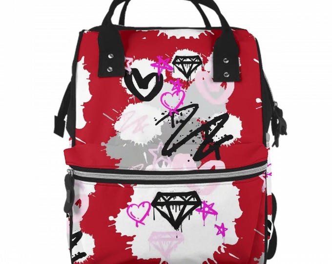 Multifunctional Large Capacity Mommy Backpack Diaper Bag Graffiti Style in Red