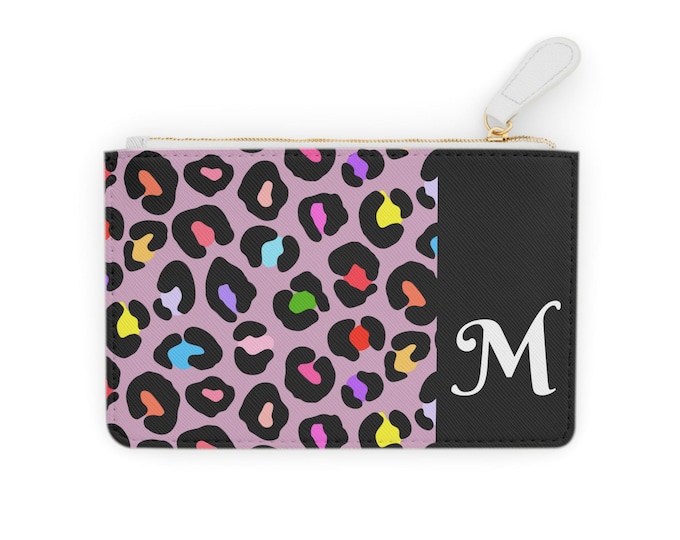 Rainbow Leopard Initial M Mini Clutch Bag – Pink & Black Cardholder, Personalized Vegan Leather Wallet Gift for Her