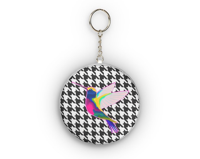 Neon Hummingbird Mini Plush Keychain | Houndstooth Background