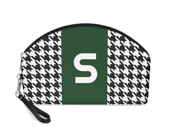Forrest Green, Black, and White Houndstooth patterned Makeup Bag, Personalized with Initial S, Her Makeup bag, Initialized