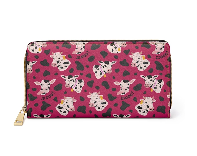 Fuchsia Cow Print Zipper Wallet: Vegan Leather, Whimsical Animal Design