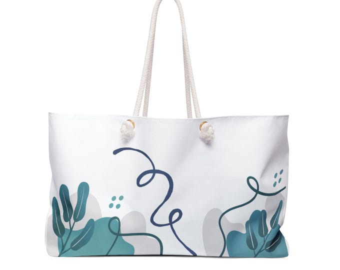 Teal Abstract Botanical Weekender Bag | Floral Line Art Travel Tote