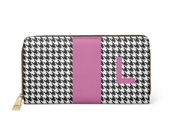 Houndstooth Black and White with Pink L Initialized Detail Womens Zippered Wallet, Personalized Wallet, Initialized, Womens Wallet