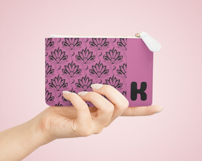 Initial K Pink & Black Succulent Mini Clutch – Personalized Vegan Card Holder, Small Wallet for Women, Stylish Travel Pouch