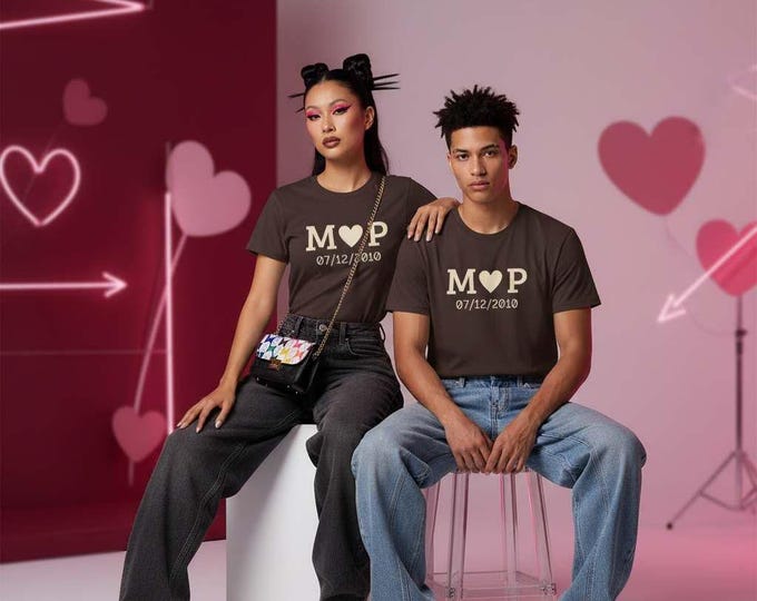 Custom Initials with Heart and Date Tee | Chocolate and Cream Custom Monogram, Anniversary Shirt Valentines Day