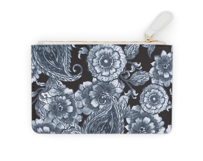 Monochrome Floral Pattern Mini Clutch Bag | Black White Botanical Zip Pouch
