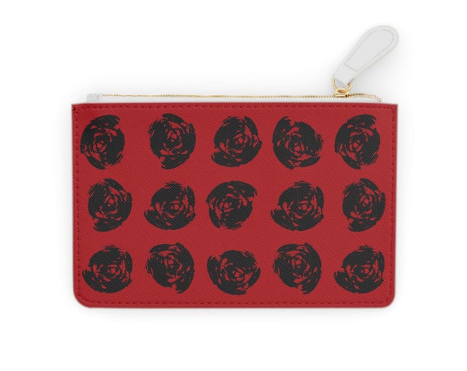 Black Rose Pattern Mini Clutch Bag | Red Floral Zipper Pouch