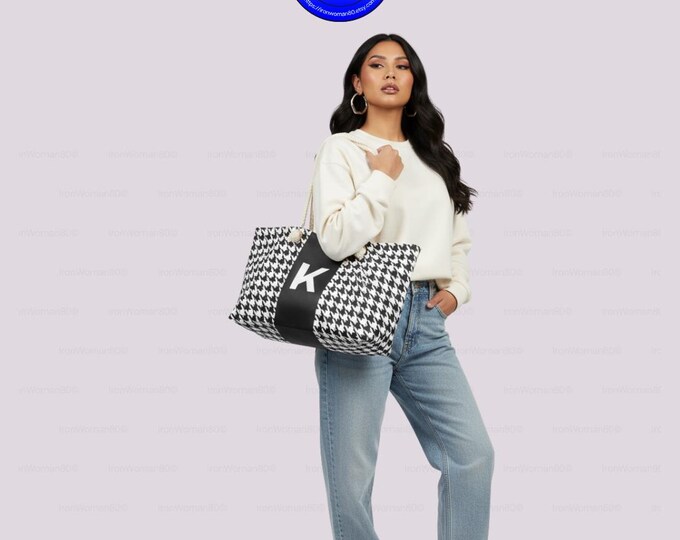 Black & White Houndstooth Tote with Black “K” • Personalized Weekender Bag • Monogram Black Initial Tote