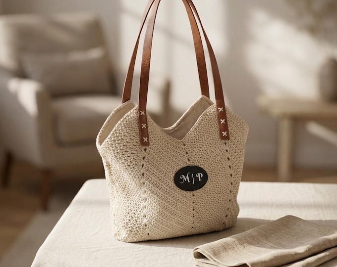 Monogram Oval Plaque Custom Initials Straw Shoulder Bag | Crochet Beach Tote