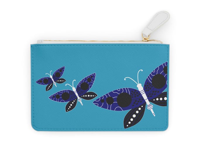 Blue Floral Butterflies Mini Clutch Wallet | Teal Zip Pouch