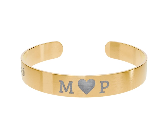 Couples Custom Initials with Heart Cuff Bracelet | Engraved Date Personalized