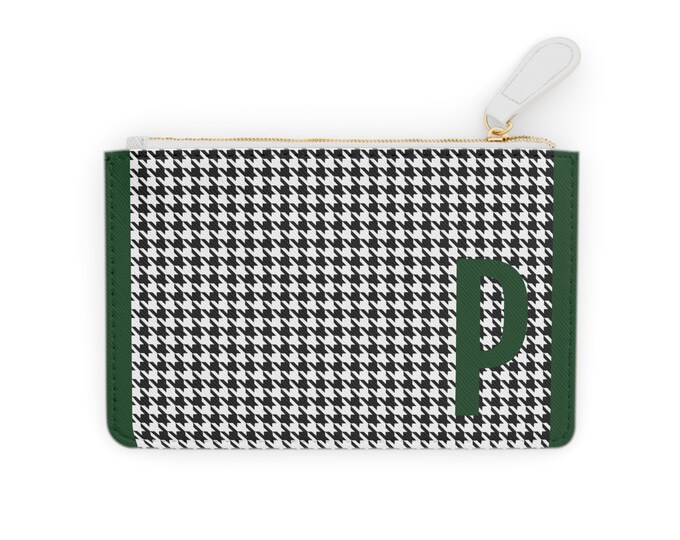 Houndstooth Forrest Green Detail Initialized, P Initial, Personalized Mini Clutch Bag, Womens Zippered Card Holder