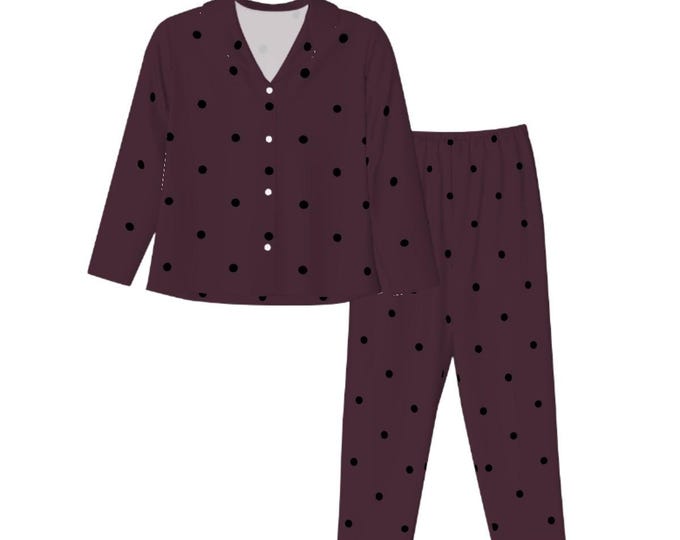 Long Sleeved Pajamas for Women Set, Black Polka Dots in Native Berry