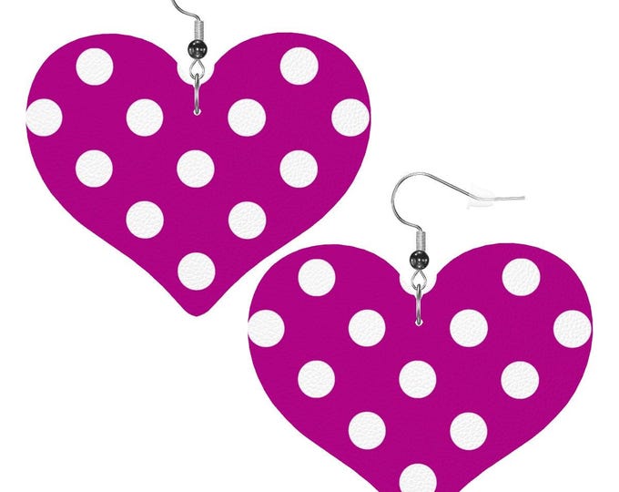 White Polka Dot Magenta Heart Shape Leather Earrings