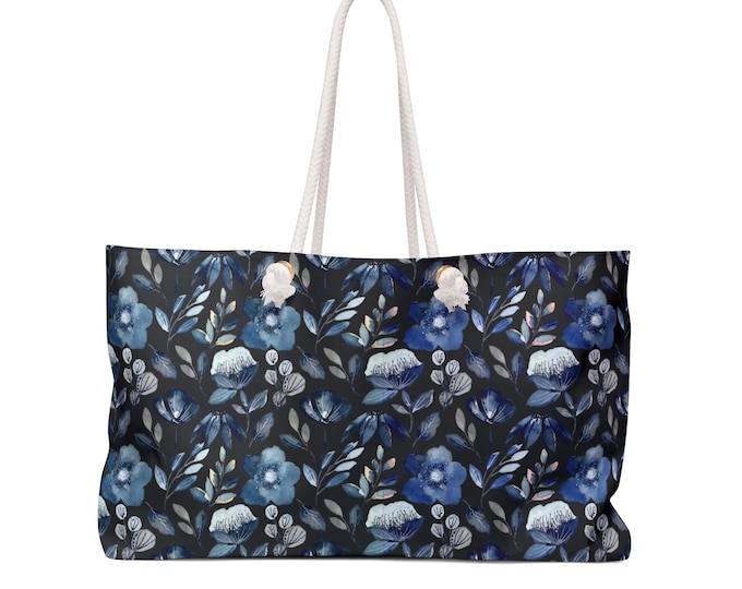 Blue Floral Pattern Weekender Bag | Dark Botanical Tote