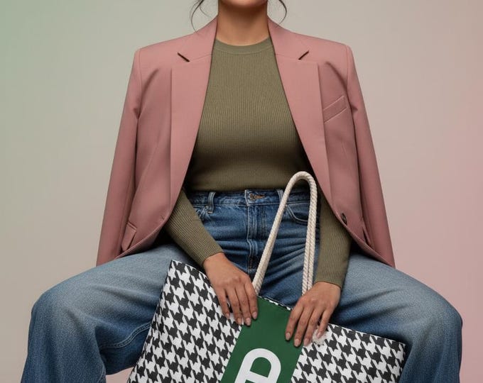 Houndstooth Black, White and Forrest Green, with Black A Initialized Detail Womens Weekender Tote Bag, Personalized Bag, Initialized Handbag
