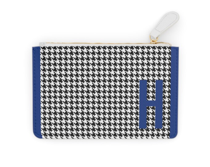 Houndstooth Blue Detail Initialized, H Initial, Personalized Mini Clutch Bag, Womens Zippered Card Holder