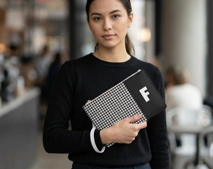Black and White with your Initial, Choose F-J, Stylish Houndstooth Clutch Bag, Trendy Accessory for Women