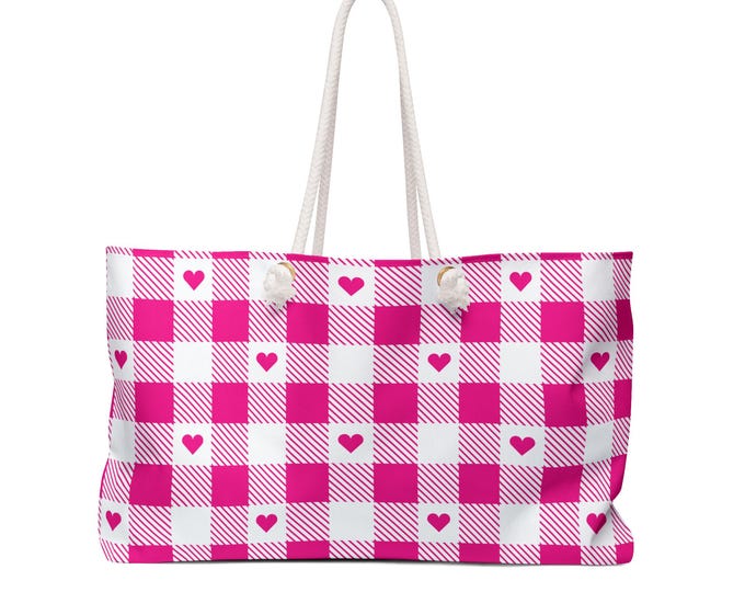 Pink Gingham Hearts Weekender Bag | Checkered Tote, Rope Handles