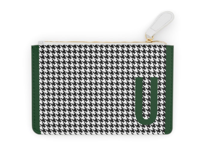 Houndstooth Forrest Green Detail Initialized, U Initial, Personalized Mini Clutch Bag, Womens Zippered Card Holder