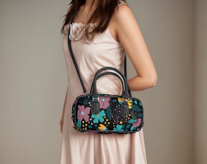 Black Floral Pattern Top Handle Bag