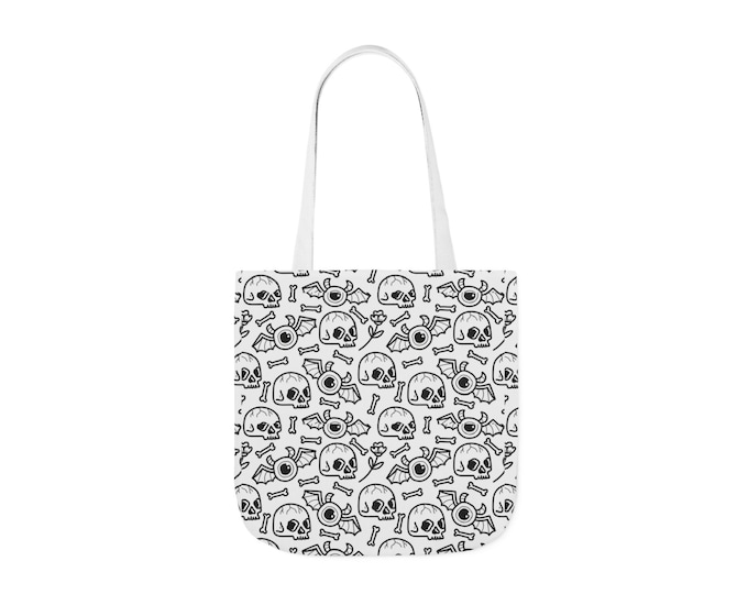 Skulls and Bats Canvas Tote Bag | Gothic Halloween Tote with Colorful Straps | Reusable Shopping Bag Gift for Horror Lovers
