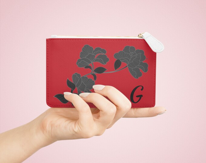 Red and Black Womens Floral Small Wallet, Personalized with your Initial, Zippered Cardholder, Initial G, Mini Clutch Bag