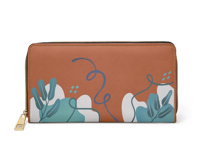 Burnt Orange Abstract Floral Zipper Wallet | Botanical Line Art Wallet