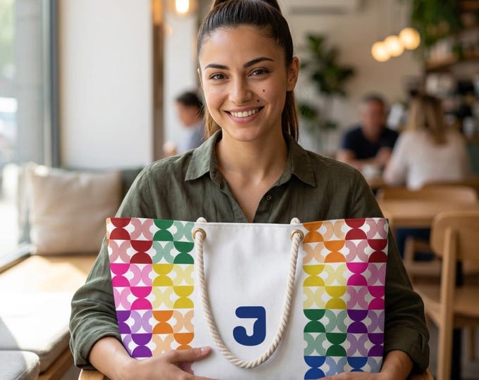 Personalized Womens Tote, Rainbow Mid Century Modern, White with Initial J, Weekender Bag