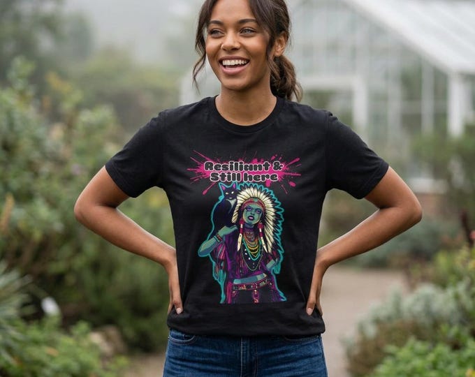 Resilient & Still Here Halloween T-shirt | Native American Zombie Woman and Cat Illustration