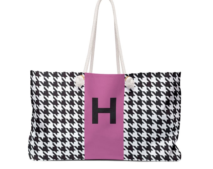 Houndstooth Black, White and Pink, with Black H Initialized Detail Womens Weekender Tote Bag, Personalized Bag, Initialized Handbag