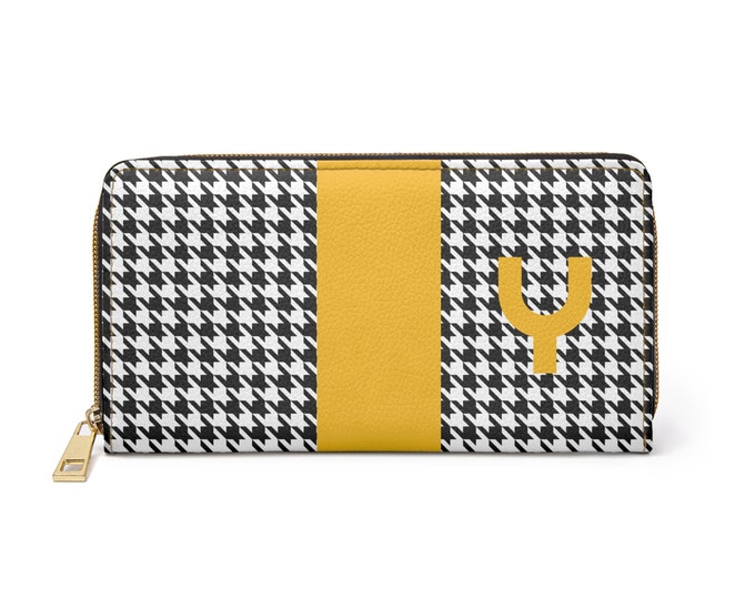 Houndstooth Black and White with Marigold Y Initialized Detail Womens Zippered Wallet, Personalized Wallet, Initialized, Womens Wallet