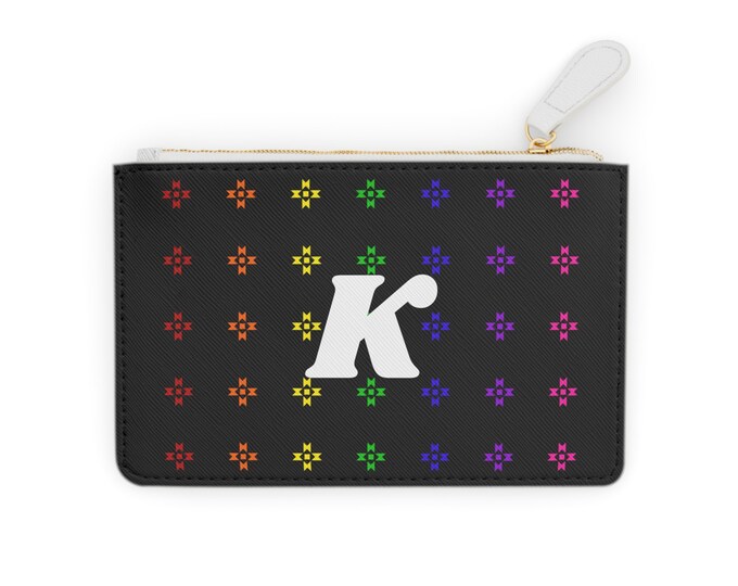 Rainbow Native Stars Mini Clutch, Personalized Cardholder, White Initial K, Initialized
