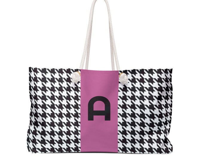 Houndstooth Black, White and Pink, with Black A Initialized Detail Womens Weekender Tote Bag, Personalized Bag, Initialized Handbag