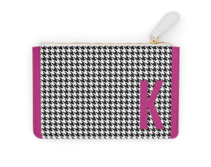 Houndstooth Magenta Initial H Mini Clutch Bag | Personalized K Zippered Wallet | Vegan Card Holder | Gift for Her | Iron Woman 80
