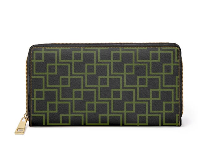 Geometric Square Pattern Zipper Wallet | Green Maze Design
