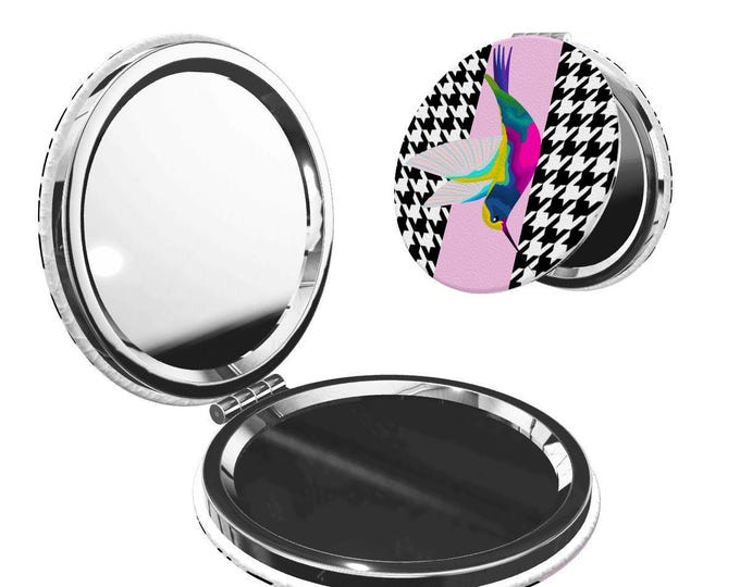 Hummingbird and Houndstooth Pattern Round Shape Portable Pocket Mirror