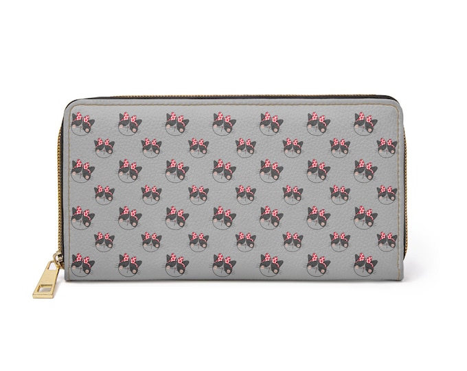 Cute Cat Faces Zipper Wallet | Gray Patterned Kitty with Pink Bows