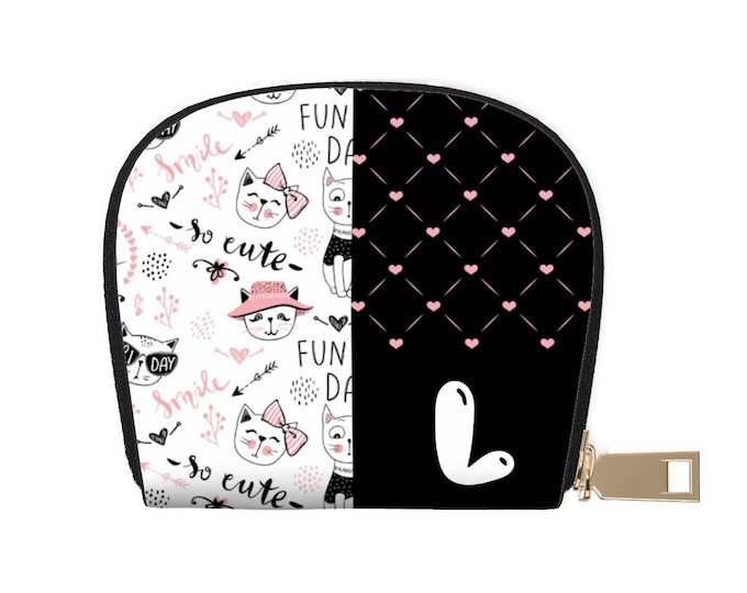 Cute Cats Wallet – Pink, Black & White | Personalized Initial L | Leather Semicircle Card Holder | Women’s Mini Wallet