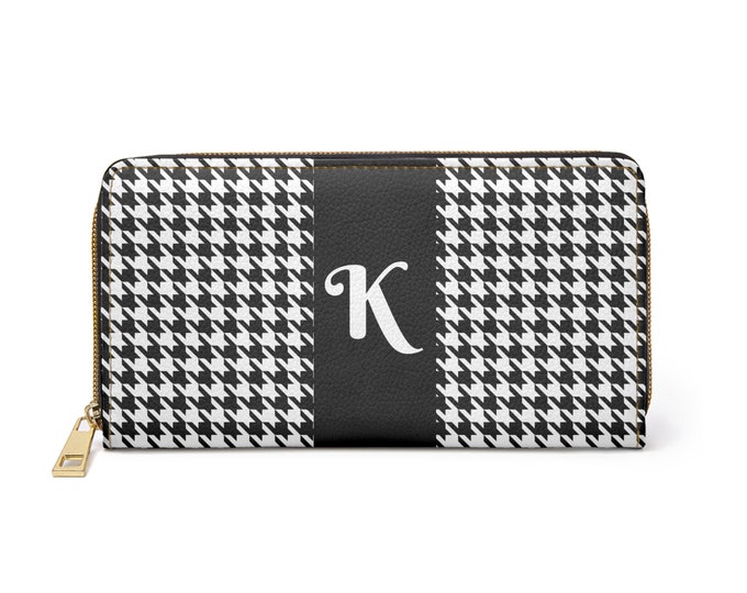 Houndstooth Black and White with White Initial K, Womens Zippered Wallet, Personalized