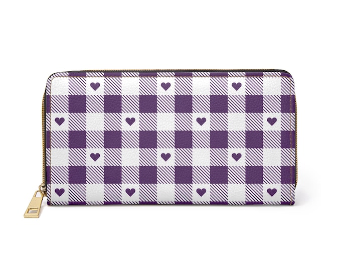 Purple Plaid Hearts Zipper Wallet | Plaid Heart Pattern Wallet