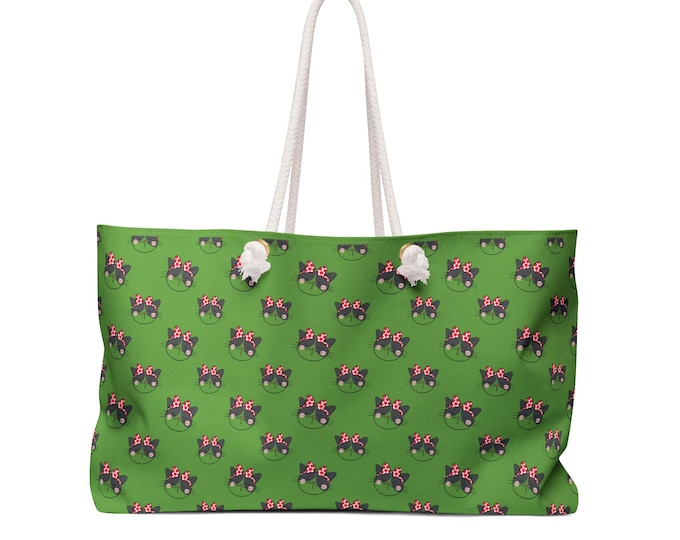Black Cat Pattern Weekender Bag | Green Cat Face Tote, Cat Lover Travel Bag